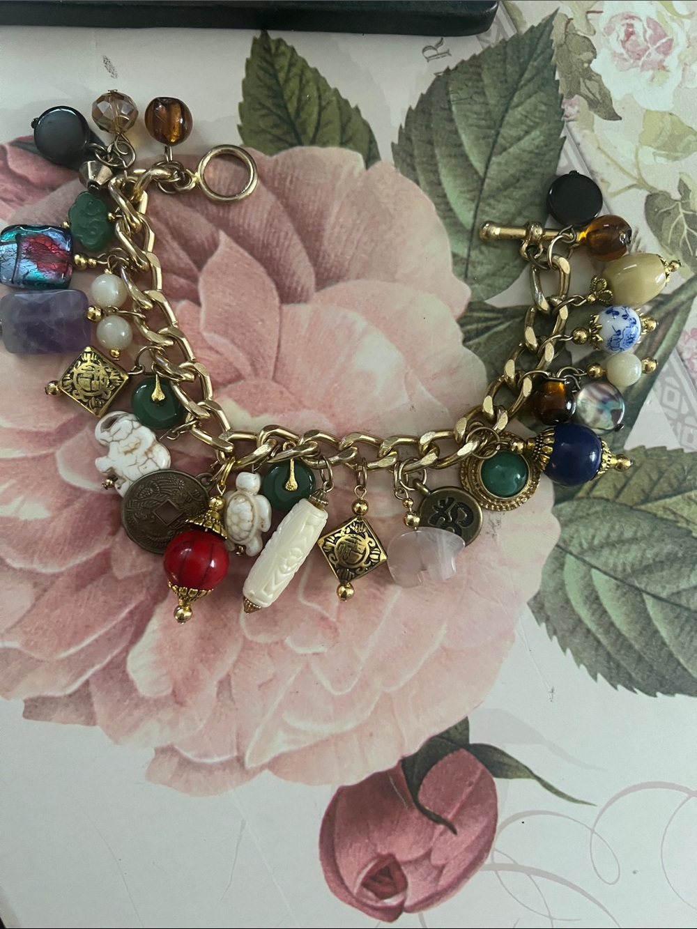 Gold-Tone Multicolor Beaded Charm Bracelet of Asian theme - Colorful Gem Accents